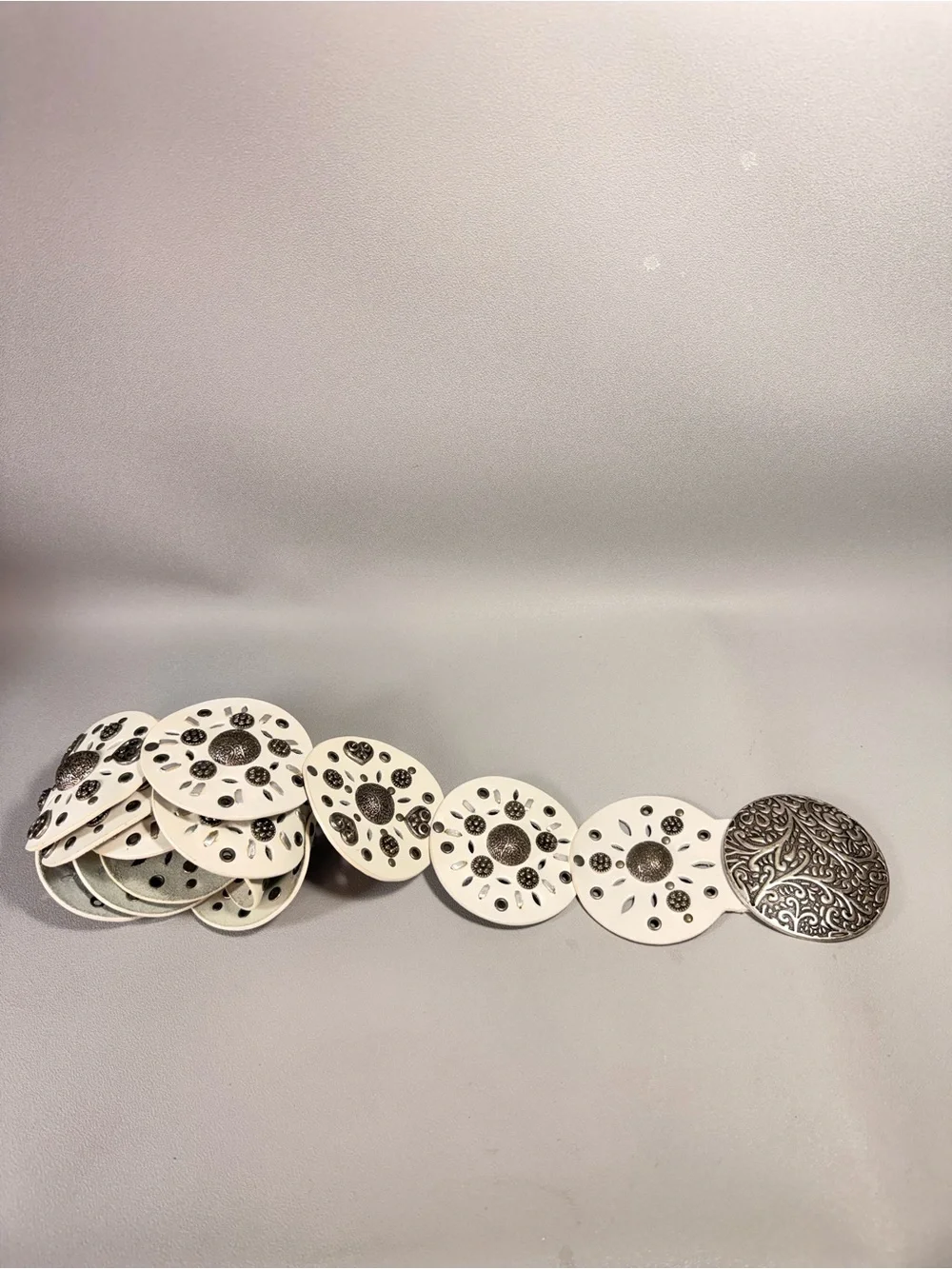 Vintage White Leather Wide Decorative Disc Belt with Silver Accents